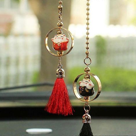 Lot de 2 pendentifs pour voiture, chat porte-bonheur souriant, décoration pour rétroviseur intérieur, pompons en fourrure, accessoires de suspension (1/5)