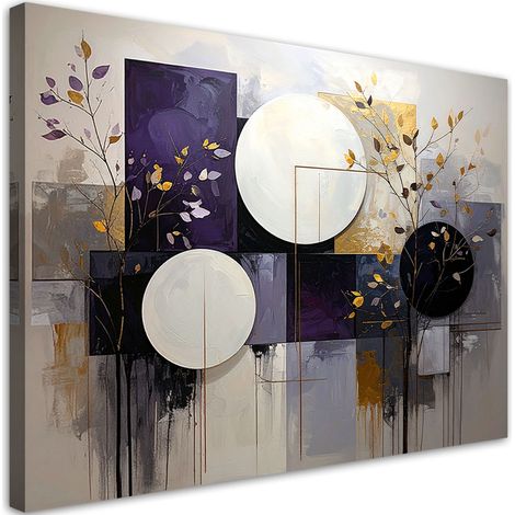 Tabelau sur Toile, Cercles abstraits feuilles violet et beige,100x70 (1/4)