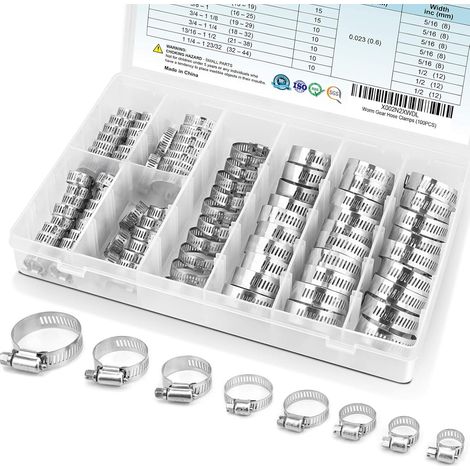100-teiliges Schlauchschellen-Set – 1/4 Zoll - 1-23/32 Zoll 304 Edelstahl Schneckengetriebe Schlauchschellen für Rohr, Ladeluftkühler, Sanitär, Rohr und Kraftstoffleitung (1/5)
