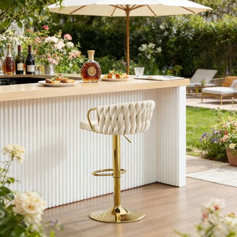 Taburete de bar giratorio y regulable, respaldo ergonómico, terciopelo, blanco crema (1/5)