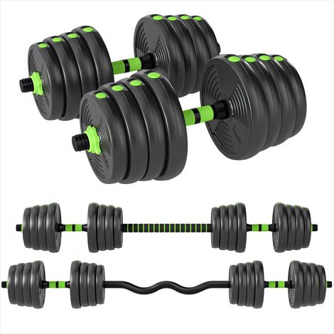 Haltères réglables 3-en-1 30 kg avec barre EZ curl Vert (1/5)