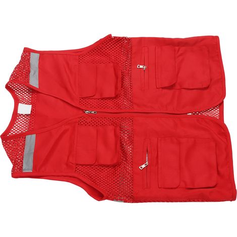 Gilet de sécurité haute visibilité en coton multi poches bande réfléchissante personnalisable confortable XXL rouge pour journaliste publicité (1/5)