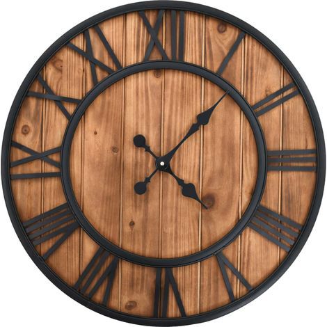 Vidaxl – Horloge murale vintage à quartz 60 cm – Cadre en métal robuste – Cadran en bois avec chiffres romains – Décoration intérieure élégante (1/5)