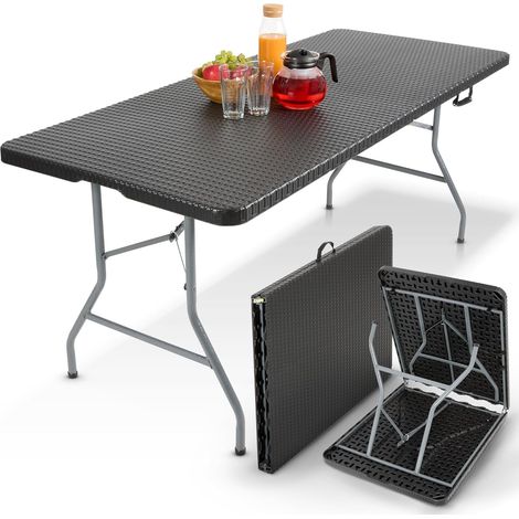 Arebos – Table pliante 182 x 74 x 74 cm – Aspect rotin – Pour 6 à 8 personnes – Résistante aux intempéries – Poignée de transport – Facile à ranger (1/5)