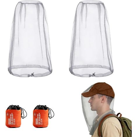 Moustiquaire Tête Anti Moustiques Lot de 2, Filet Tête Insectes Respirant avec Sac de Rangement, Maille Fine, Cordon Ajustable, pour Randonnée Camping Pêche Apiculture