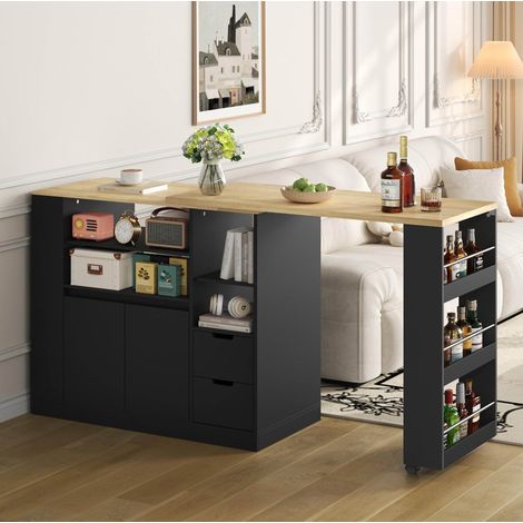 Isla de cocina extensible de 115 cm con 2 cajones y 3 estantes, MDF negro efecto madera, OKWISH (1/5)