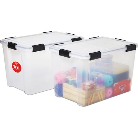 Iris Ohyama, Lot de 2 Boîtes de Rangement, Hermétiques, 70 L, avec clips, empilable , garage, cave, grenier - Air Tight Box AT-LD - Transparent