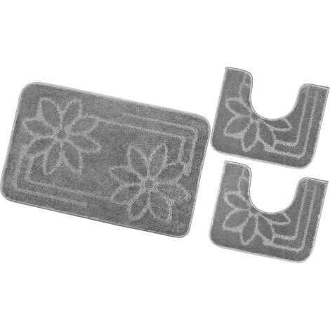 Tapis de Bain Lot de 3 Pièces Moderne Doux Antidérapant Tapis de Douche Lavable Absorbant Fleurs - Gris (1/4)