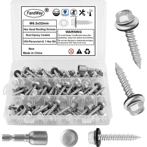 100 Pièces Vis Autoforeuses de Toiture,M6,3x32mm Vis à Tôle Autotaraudese à Tete Hexagonale et Autoperceuse pour Toit en Métal Avec Rondelles EPDM et 1 Embout. (1/5)