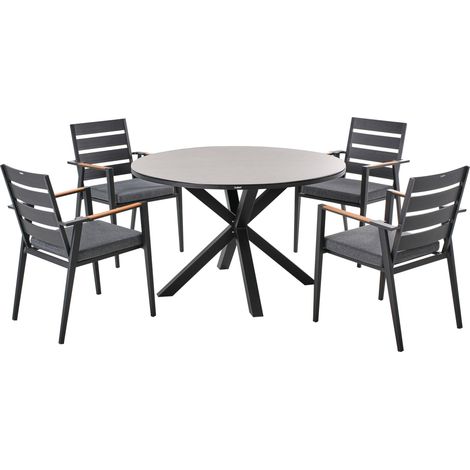 Set da pranzo da giardino a 4 posti con tavolo in alluminio e piano grigio con sedie con cuscini Maletto/Taviano (1/5)