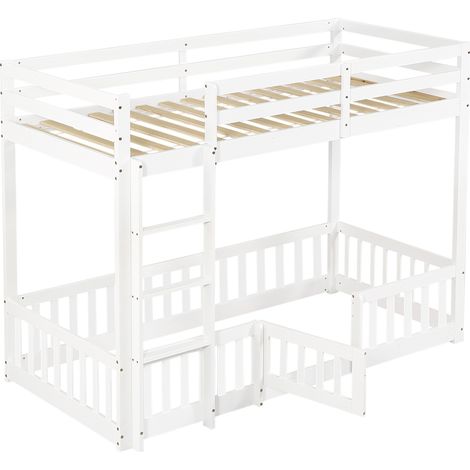 Lit superposé, lit en bois, pin + LVL, avec escalier en angle droit, avec garde-corps et porte, avec protection anti-chute, espace libre de conception sous le lit, blanc, 90x200cm (1/5)