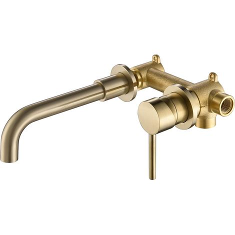 Goldfarbener Wand-Waschbecken-Wasserhahn, hochwertiger Wand-Mischbatterie aus Messing, verdeckter Badezimmer-Wasserhahn, 360° drehbarer Kalt- und Warmwasserhahn, Gold