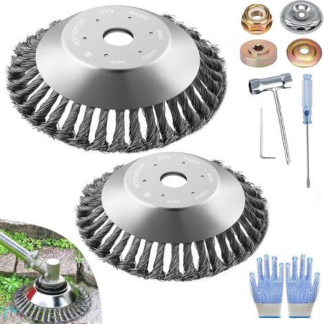 Lot de 2 brosses de désherbage pour débroussailleuse, 150 mm + 200 mm x 25,4 mm, Brosse métallique pour débroussailleuse, avec Brosse Anti-Mauvaises Herbes, Brosse à Mauvaises Herbes pour (1/5)