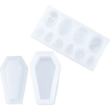 Moule en silicone Halloween 3 pièces, forme cercueil squelette, flexible et résistant, usage polyvalent pour fondant, pâte à sucre et chocolat.