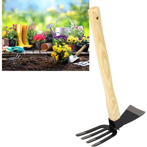 Outil de jardinage manuel : houe, râteau, en acier au carbone avec manche en bois, pour désherber, récolter, creuser et planter (1/4)