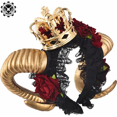 Kronenrosen-Haarreif KC Spitze Vampir Dämon Schafhorn Schleier Haaraccessoire Gothic Lolita Goldhorn-Haarreif (1/5)