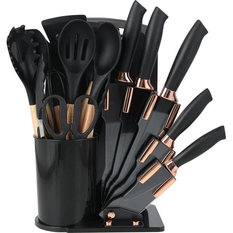 Set mit 19 Silikon-Küchenmessern, 12 Küchenutensilien, 5 Messern, Schneidebrett und Ständer, spülmaschinenfest