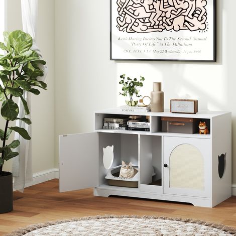 Enclos pour Litière pour Chats Mobilier pour Chat Caché avec Rangement Chambres Doubles Planche à Gratter et 2 Tapis en Sisal Armoire Blanc (1/2)