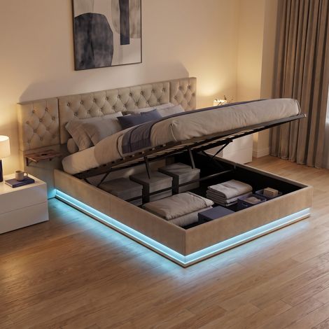 Lit coffre 140x200 cm, lit double capitonné avec LED RGB et charge sans fil, tête de lit allongée avec étagère, tisse lin, Beige (1/5)