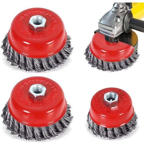 AIPERQ 4 pièces Brosse conique pour meuleuse d'angle, en métal/acier, à fil torsadé, flexible, diamètre : 75 mm, filetage de fixation : M14 (1/4)