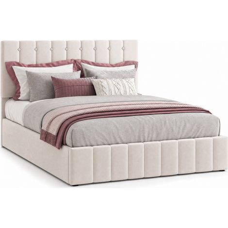 Lit double coffre 140x200 en velours crème avec tête de lit rembourrée réglable, rangement hydraulique, sommier à lattes métal, pour 2 personnes  CHICFURN (1/5)