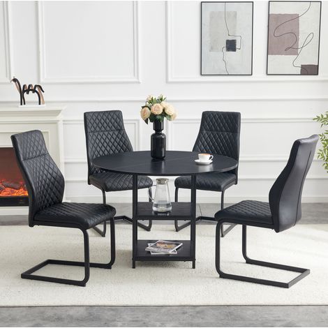 Conjunto mesa y sillas de comedor redonda 107 cm, 4 plazas, MDF y metal, negro OKMYHOME (1/5)