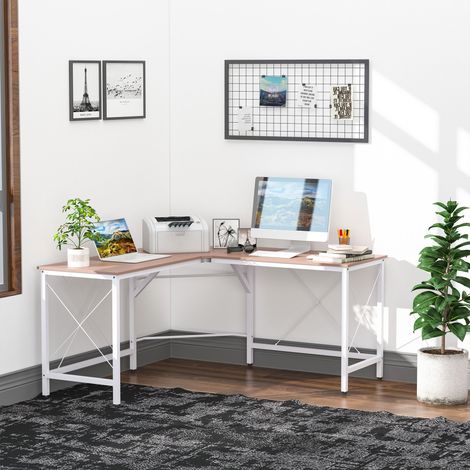 Scrivania angolare moderna con struttura in acciaio, portata massima 70 kg, ideale per casa, ufficio o studio, dimensioni 150x150x76 cm, colore rovere.