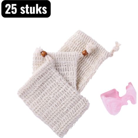 Lot de 25 porte-savons (9 x 14 cm) en lin naturel, réutilisables, avec cordon de suspension et sangle. Couleur : blanc cassé. (1/5)