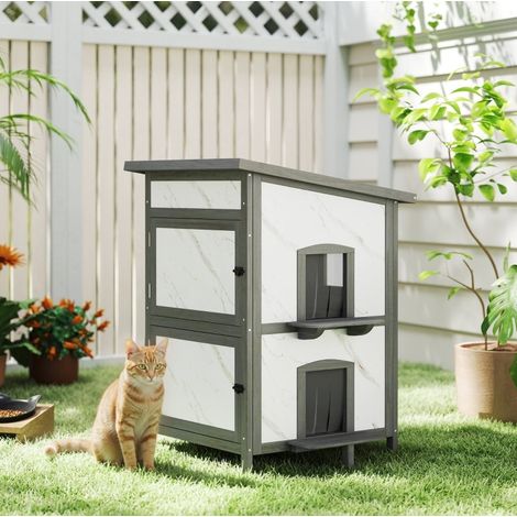 Caseta exterior para gatos de madera, 60 x 60 x 88 cm, blanca y gris HAVRYA (1/3)