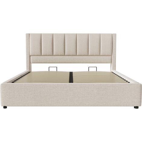 Cama con canapé 180x200 cm de lino beige con puertos USB, portavasos ocultos y somier (1/5)