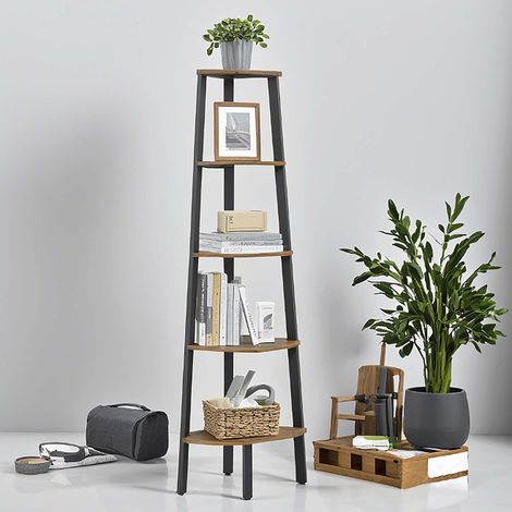 Bibliothèque 5 Niveaux, Cadre en Acier, Étagère d'Angle, Meuble de Rangement, Style Industriel, pour Salon, Marron et Noir (1/5)