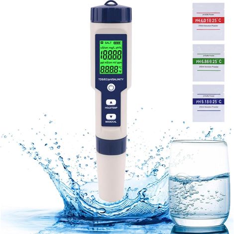Wasserqualitätstester, 5-in-1 PH-Messgerät und TDS/EC/Salzgehalt/Temperaturmessgerät, PH-Messgerät mit LCD-Display, für Trinkwasser, Schwimmbad, Aquarien, Hydrokultur (1/5)