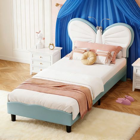 Lit Enfant Fille 90x200CM avec LED, Tête de Lits Réglable en Hauteur en Forme de Papillon, Cadre de Lit Simple,Sommier à Lattes,Velours et PU,Bleu (1/5)