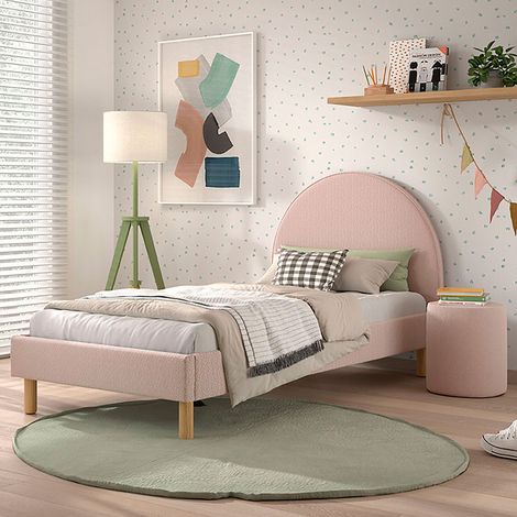 Lit 90x200 cm avec 1 chevet en tissu bouclé rose clair - LUNA