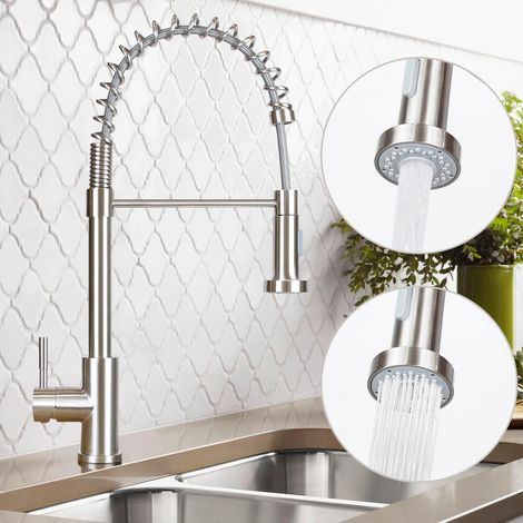 ZMH Robinet de cuisine haute pression Robinet de cuisine - Robinet avec douchette Mélangeur extensible en acier Inox pivotant à 360° Robinet d'évier de cuisine Nickel brossé
