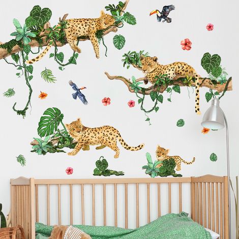 Stickers Muraux Animaux de la Jungle Léopard Autocollant Mural Guépard Safari Décoration Murale Chambre Enfants Bébé Pépinière Salon