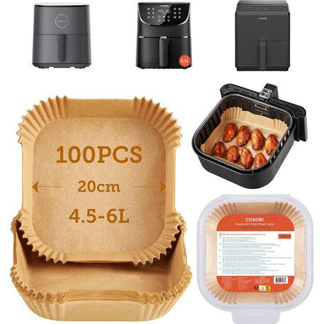 COSORI Carta Forno Per Friggitrice Ad Aria 100 Pezzi, Teglie Per Air Fryer 4,5-6L Quadrati, Antigrasso Antiaderente Fodera in Carta Monouso per Forno, Padelle, Microonde (20cm) (1/5)