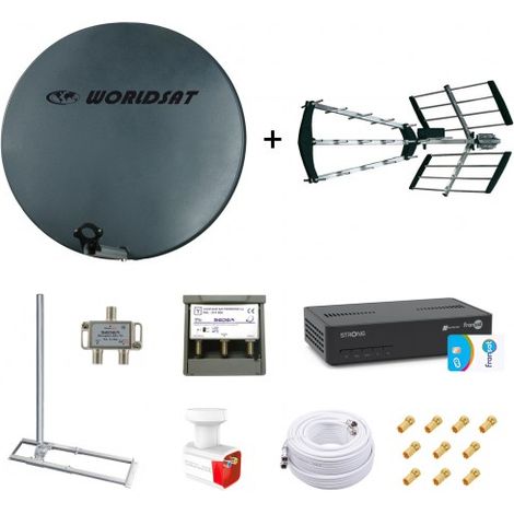 Kit Parabole Fibre 75cm + Antenne TNT + Support Toit + LNB Twin + Coupleur SAT TV + Décodeur Fransat + Câble Twin 25m + 10 Fiches F (1/5)