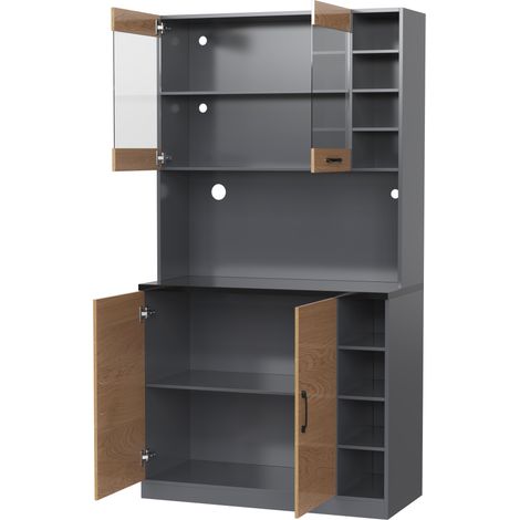 Credenza alta da cucina 100x47x187 cm con LED, vetro e vano microonde HOMVRA