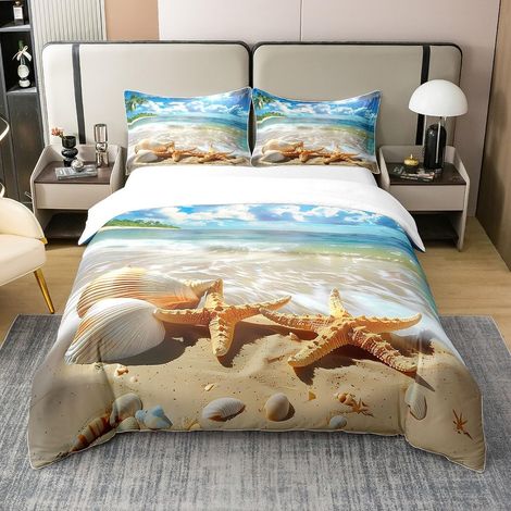 Plage Thèmes Coton Côte Ancre Parure de Lit 240x260cm pour Fille Étoile de mer Coquille conque Housse de Couette Hawaiian Plage L'été Parure Housse de Couette - 260 x 240 cm + 2 taies d'oreiller 65 x  (1/5)
