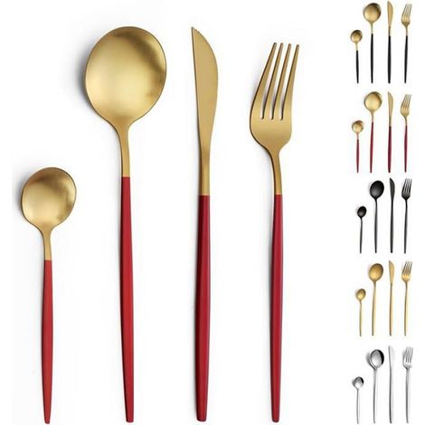 24 Piece Gold + Red Cutlery Set 24 pièces 24p Pièces Or+rouge (1/5)