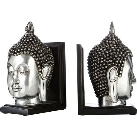 Premier Housewares Set Of 2 Silver Buddha Head Bookends / Pair of Bookends for Book Shelves / Modern Book Stopper For Organising Books / Magazines / Papers 12 x 22 x 15