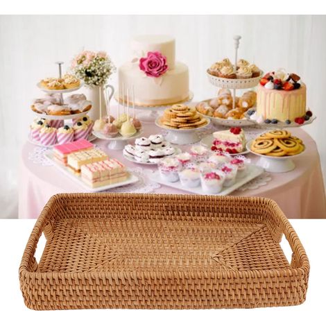 Plateau de rangement rectangulaire en rotin, corbeille à fruits, assiette à fruits pour le salon, plat à pain et légumes, panier de rangement en osier, plateau à thé avec poignée, petit plateau rectan (1/5)