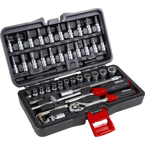 STIER Steckschlüssel-Satz, 48-teilig, 1/4 Zoll, Umschaltknarre, Vierkant-Steckschlüsseleinsatz, Torx- Schlitz- Phillips- Pozidrive- Bit-Steckschlüsseleinsätze, Kunststoffbox