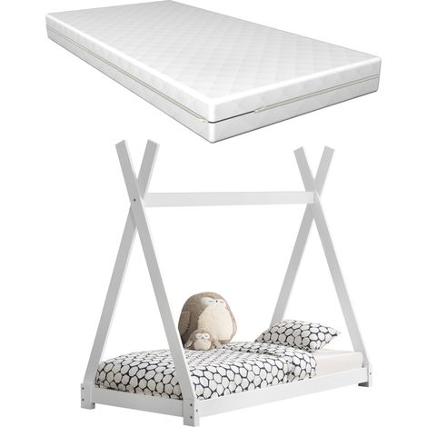 Lit tipi pour enfant avec matelas et sommier à lattes bois de pin blanc 80x160 cm 030002646