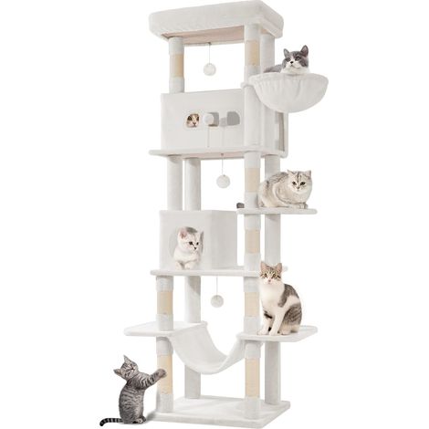 210 cm Grand Arbre à Chat, Tour à Chat pour Chats d'intérieur, avec Grand Perchoir, Tapis Lavable, 2 Niches Chats, 8 Griffoirs, Hamac, Pompons, Blanc Crème MS21018WT (1/5)