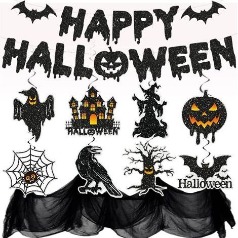 Kit de décorations d'Halloween, décoration de bureau d'Halloween, bannière Happy Halloween à paillettes, décoration au plafond, tissu d'Halloween effrayant, décorations d'Halloween réutilisables (1/5)