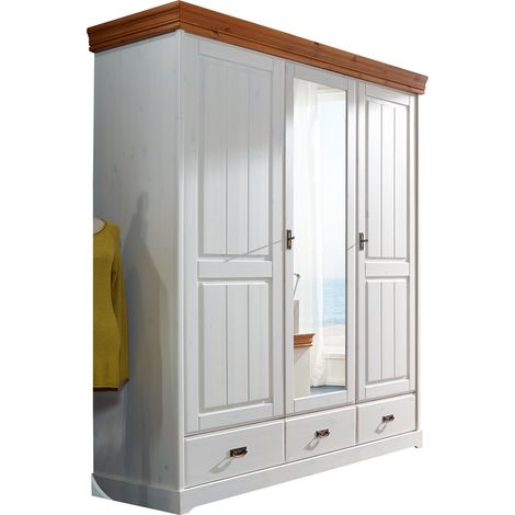 3-türiger Kleiderschrank SAVONA-69 in Kiefer massiv weiß mit honig, B/H/T: ca. 192/217/62 cm