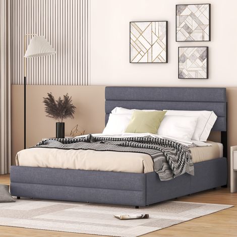 Cama con dos cajones de madera de 140 x 200 cm para niños y adolescentes color lino gris (sin colchón) (1/5)