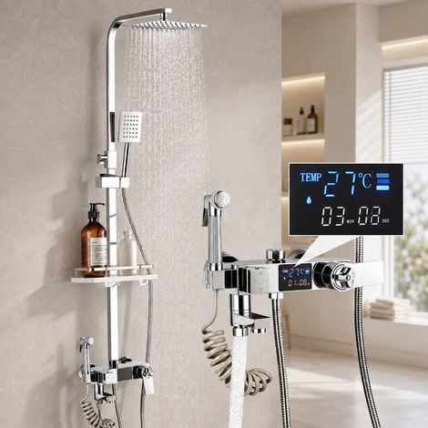 Columna de ducha termostática, mezclador termostático, indicador digital LED, cabezal de ducha cuadrado y rociador de bidé - Cromado